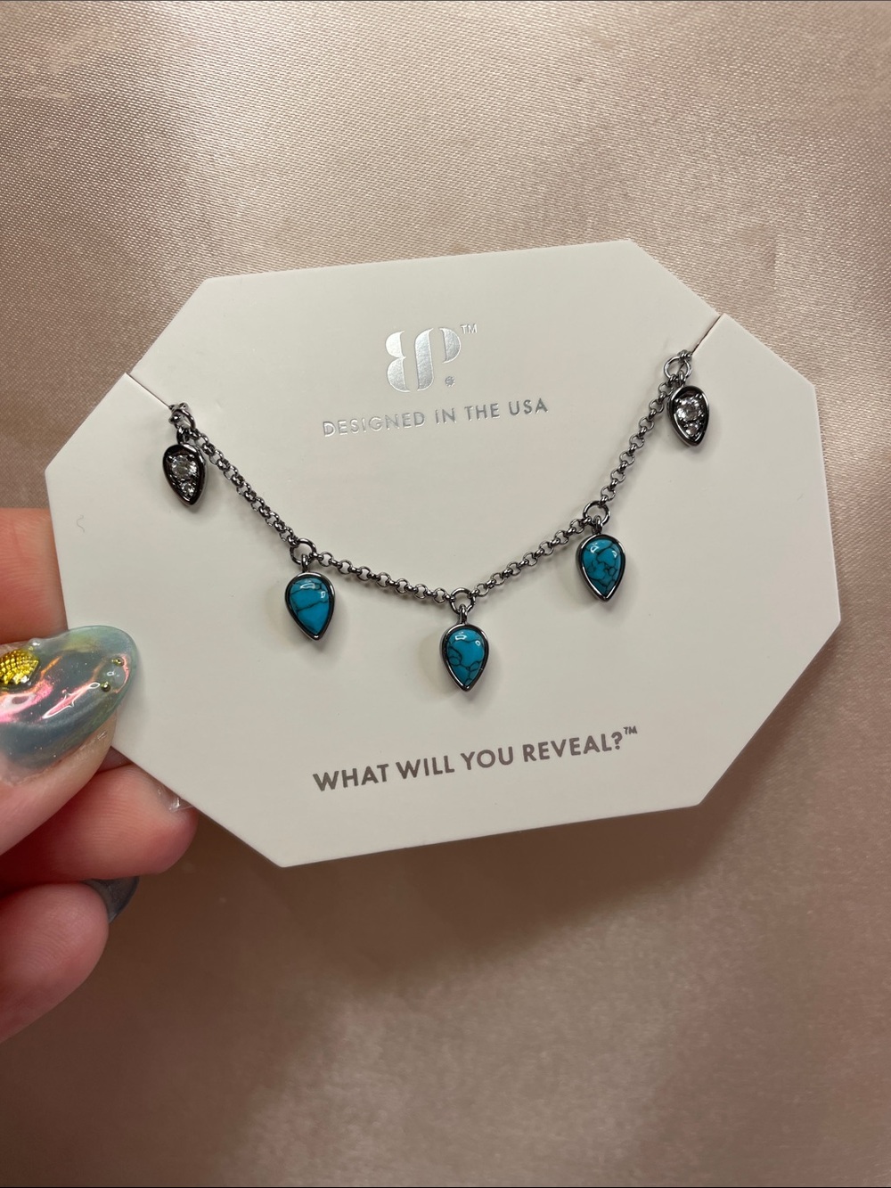 Bomb Party "Necked Out And Loving It" Turquoise on Hematite $168 MSRP